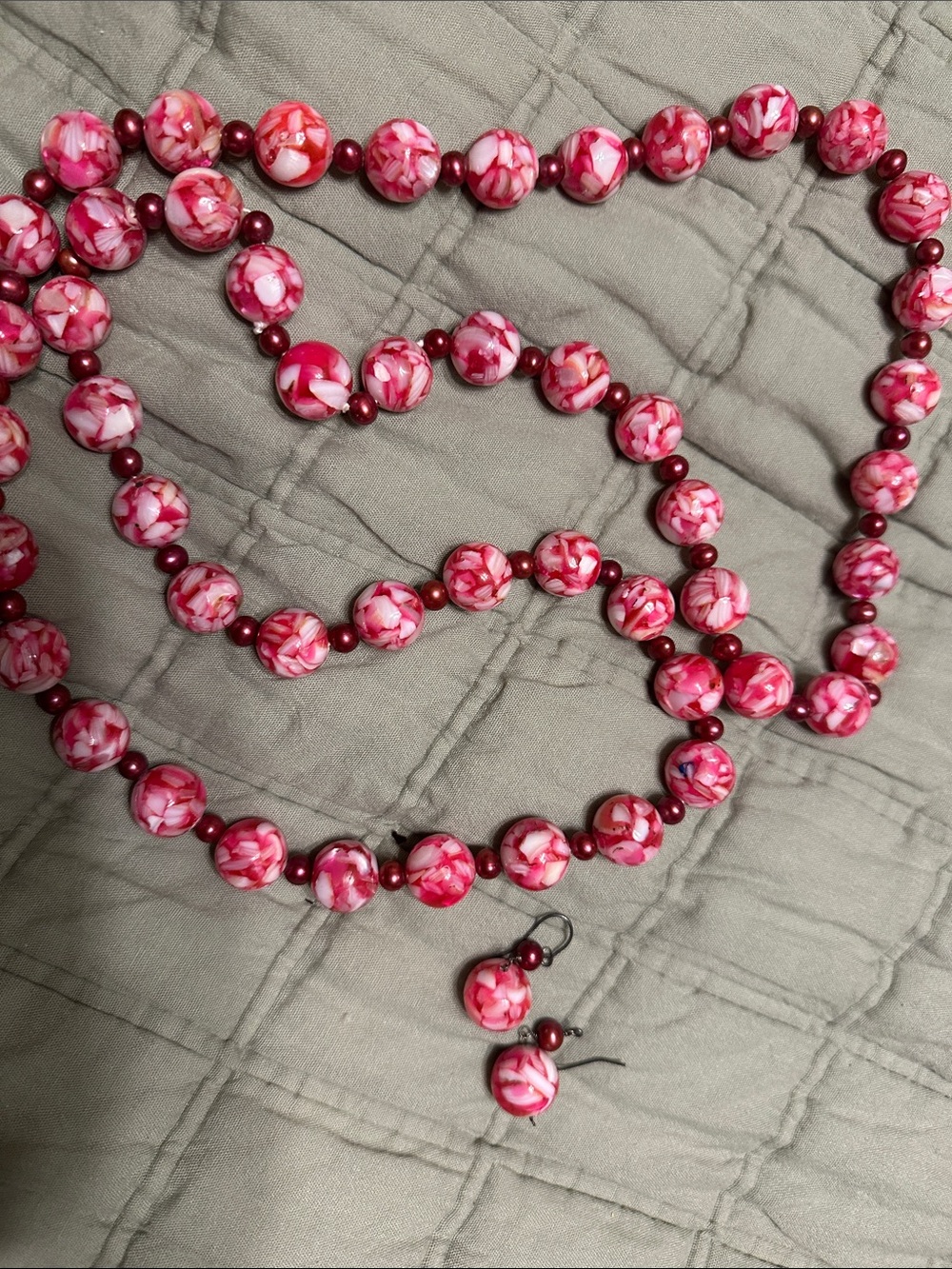 Handcrafted Pink Floral Glass  Murano like Bead Necklace and Earring Set
